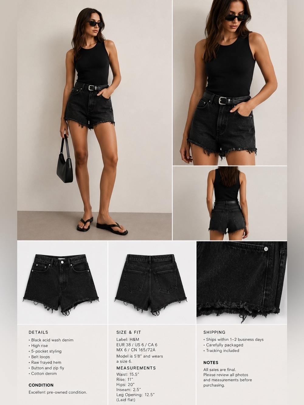 H&M black acid wash denim cutoff shorts frayed raw hem grunge Y2K - Picture 5 of 5